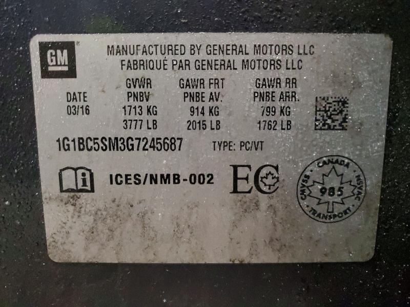 2016 Chevrolet Cruze მანქანა იყიდება აუქციონზე, vin: 1G1BC5SM3G7245687, აუქციონის ნომერი: 49603736