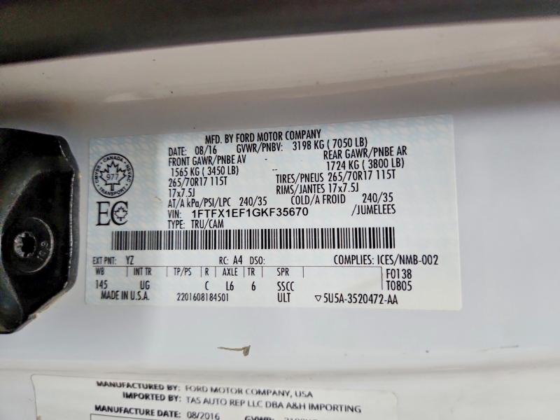 51673036 :رقم المزاد ، 1FTFX1EF1GKF35670 vin ، 2016 Ford F150 مزاد بيع