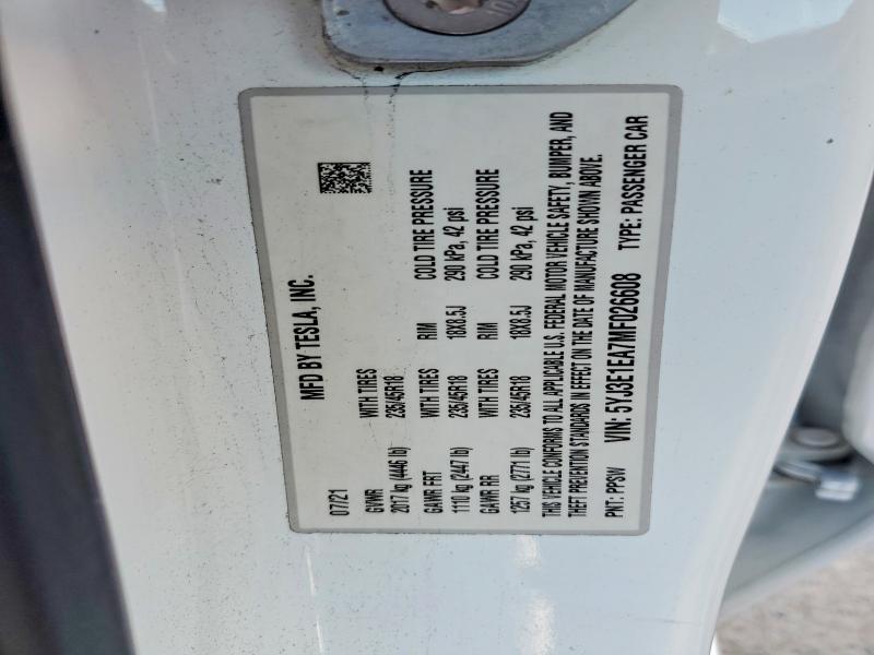 51284856 :رقم المزاد ، 5YJ3E1EA7MF026608 vin ، 2021 Tesla Model 3 مزاد بيع