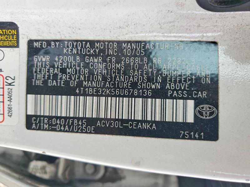 2006 Toyota Camry მანქანა იყიდება აუქციონზე, vin: 4T1BE32K56U678136, აუქციონის ნომერი: 48653086