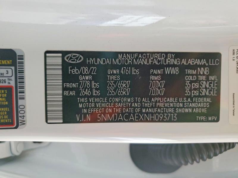 2022 Hyundai Tucson მანქანა იყიდება აუქციონზე, vin: 5NMJACAEXNH093713, აუქციონის ნომერი: 50486236