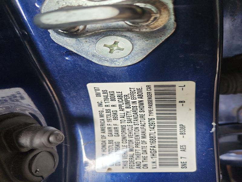 2007 Honda Civic მანქანა იყიდება აუქციონზე, vin: 1HGFA16887L143976, აუქციონის ნომერი: 49652676