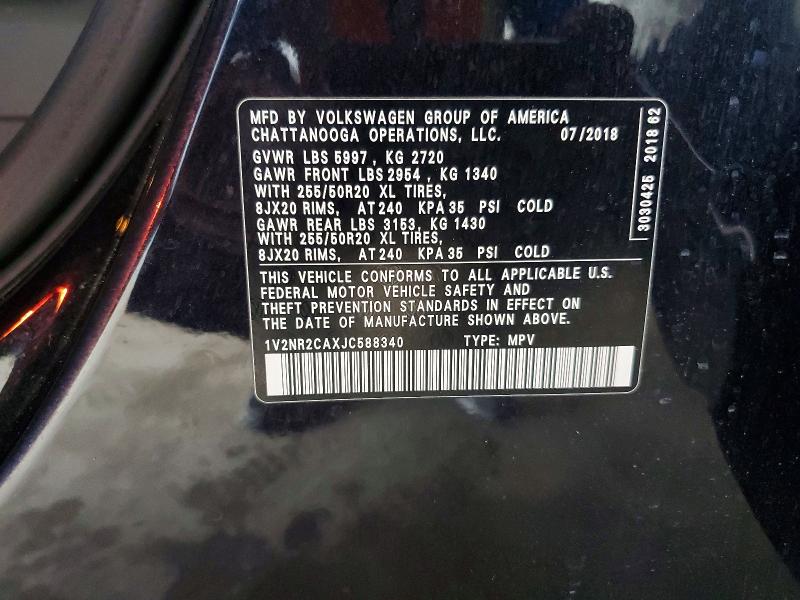 Продажа на аукционе авто 2018 Volkswagen Atlas, vin: 1V2NR2CAXJC588340, номер лота: 50160306