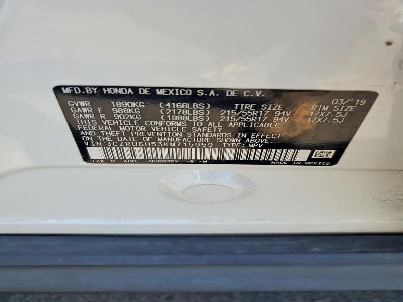 50294846 :رقم المزاد ، 3CZRU6H53KM715959 vin ، 2019 Honda Hr-v مزاد بيع