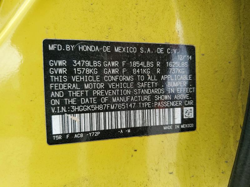 2015 Honda Fit მანქანა იყიდება აუქციონზე, vin: 3HGGK5H87FM765147, აუქციონის ნომერი: 51433656