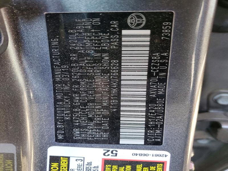 48970326 :رقم المزاد ، 4T1B11HK4KU766628 vin ، 2019 Toyota Camry مزاد بيع