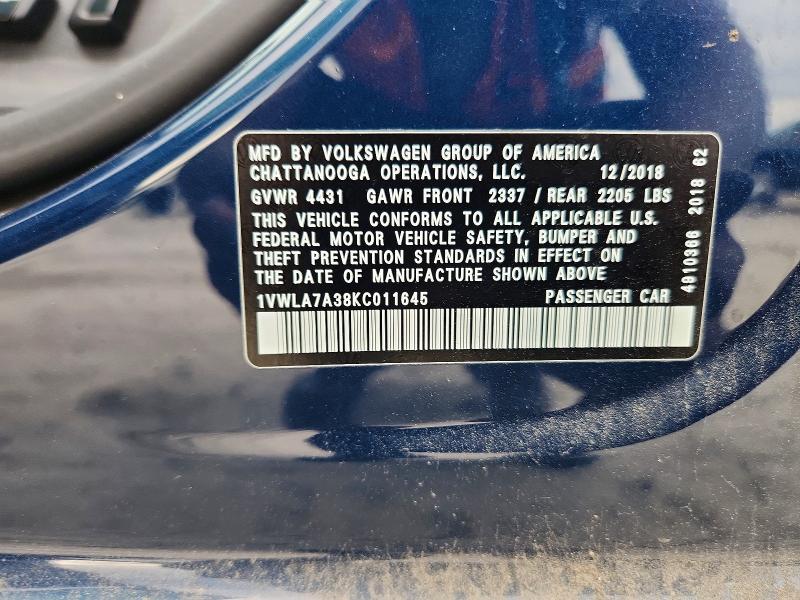 Продаж на аукціоні авто 2019 Volkswagen Passat, vin: 1VWLA7A38KC011645, номер лоту: 50324036