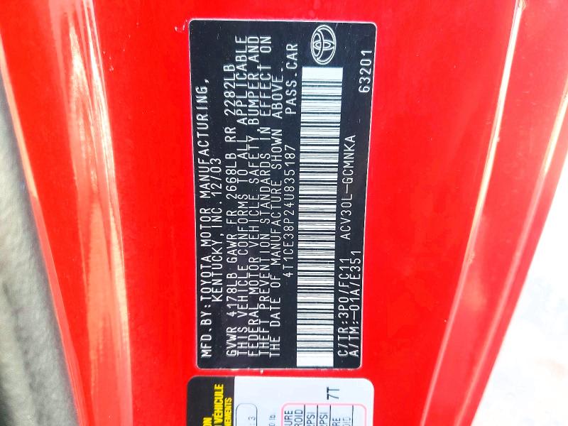 49470386 :رقم المزاد ، 4T1CE38P24U835187 vin ، 2004 Toyota Camry Solara مزاد بيع