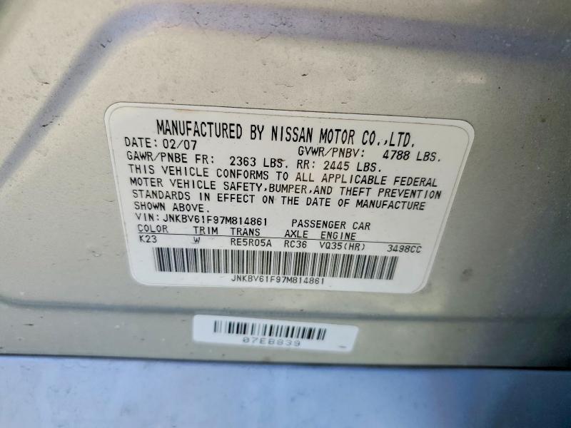 Aukcja sprzedaży 2007 Infiniti G35, vin: JNKBV61F97M814861, numer aukcji: 49374746