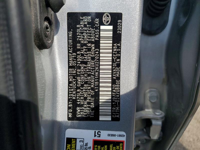 Продажа на аукционе авто 2019 Toyota Camry, vin: 4T1B11HK2KU270243, номер лота: 50955476