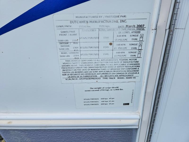 Aukcja sprzedaży 2007 Dutchmen Travel Tr, vin: 47CFF5U307P619143, numer aukcji: 49272146