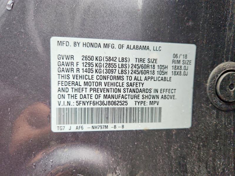 Продажа на аукционе авто 2018 Honda Pilot, vin: 5FNYF6H36JB062525, номер лота: 48020616