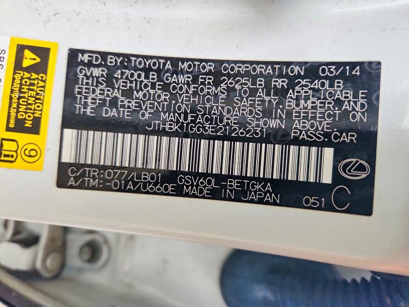 50830186 :رقم المزاد ، JTHBK1GG3E2126231 vin ، 2014 Lexus Es مزاد بيع