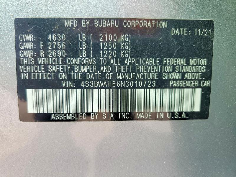 49033186 :رقم المزاد ، 4S3BWAH66N3010723 vin ، 2022 Subaru Legacy مزاد بيع