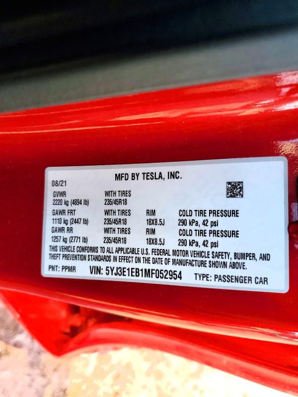 2021 Tesla Model 3 მანქანა იყიდება აუქციონზე, vin: 5YJ3E1EB1MF052954, აუქციონის ნომერი: 49705176