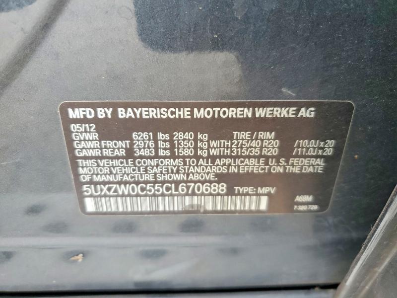 50256656 :رقم المزاد ، 5UXZW0C55CL670688 vin ، 2012 Bmw X5 مزاد بيع