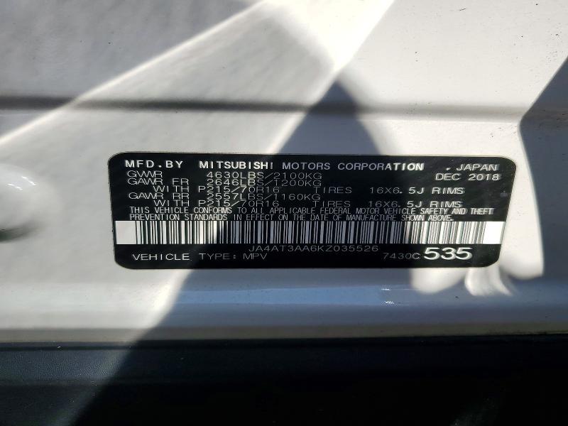 49371126 :رقم المزاد ، JA4AT3AA6KZ035526 vin ، 2019 Mitsubishi Eclipse Cross مزاد بيع