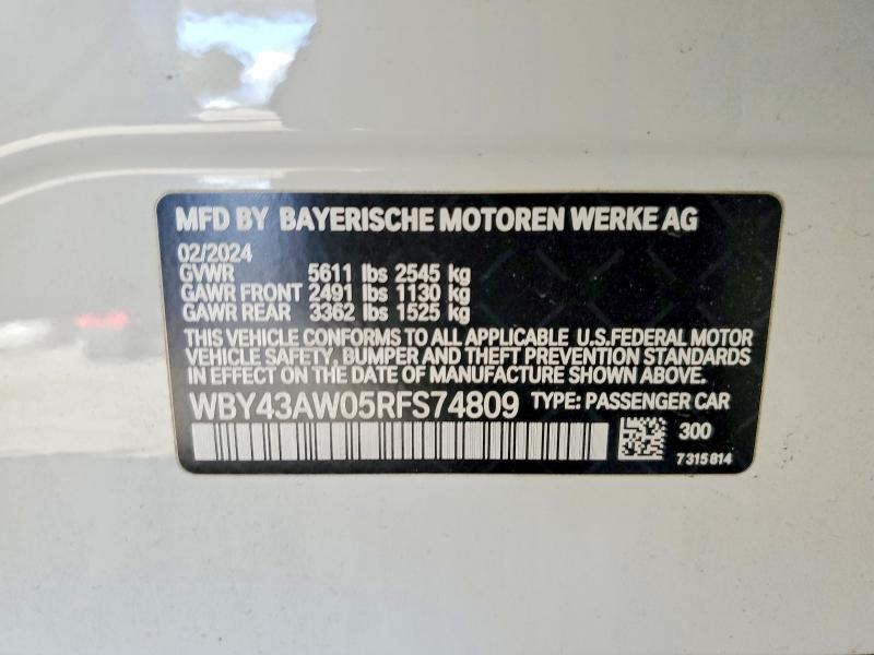 49907906 :رقم المزاد ، WBY43AW05RFS74809 vin ، 2024 Bmw I4 مزاد بيع