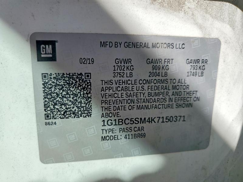 Продаж на аукціоні авто 2019 Chevrolet Cruze, vin: 1G1BC5SM4K7150371, номер лоту: 48990636
