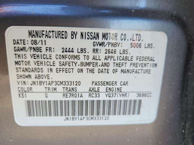 Aukcja sprzedaży 2012 Infiniti M37, vin: JN1BY1AP3CM333120, numer aukcji: 50104126