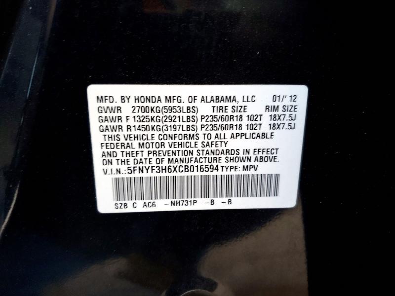 51571656 :رقم المزاد ، 5FNYF3H6XCB016594 vin ، 2012 Honda Pilot مزاد بيع