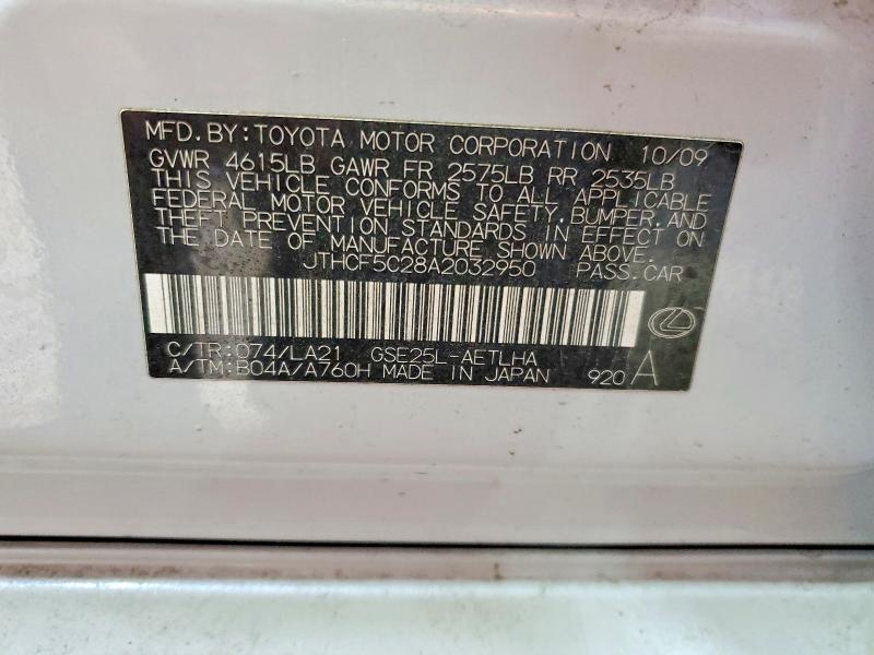 51122216 :رقم المزاد ، JTHCF5C28A2032950 vin ، 2010 Lexus Is مزاد بيع
