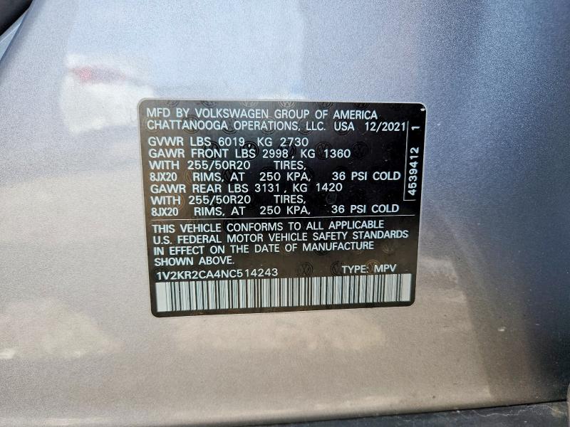 2022 Volkswagen Atlas მანქანა იყიდება აუქციონზე, vin: 1V2KR2CA4NC514243, აუქციონის ნომერი: 48295286