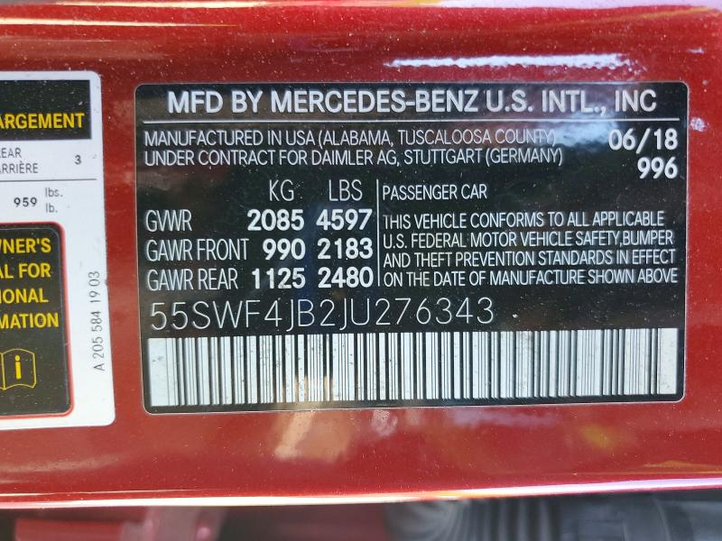 Auction sale of the 2018 Mercedes-benz C, vin: 55SWF4JB2JU276343, lot number: 48602366