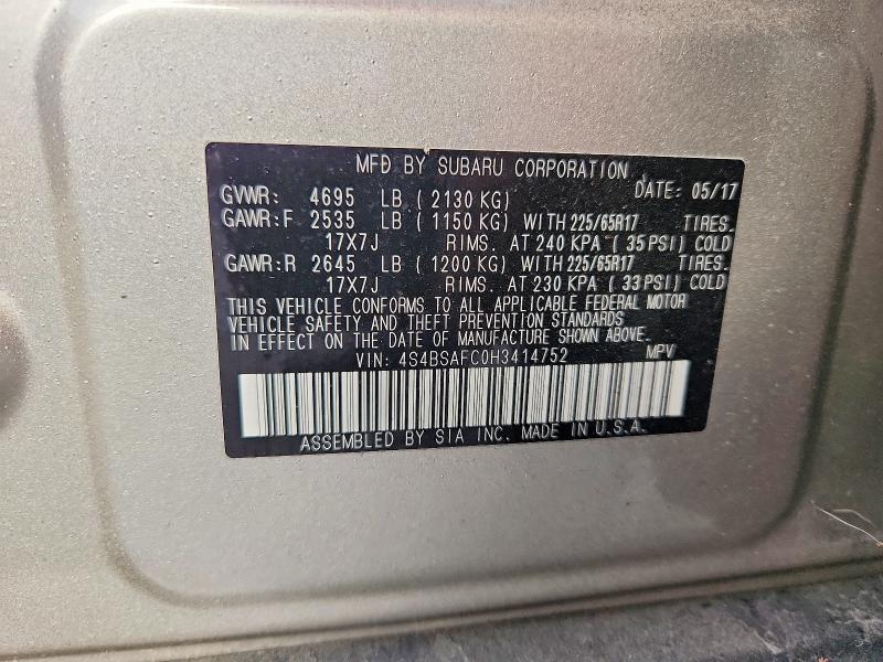 50246826 :رقم المزاد ، 4S4BSAFC0H3414752 vin ، 2017 Subaru Outback مزاد بيع