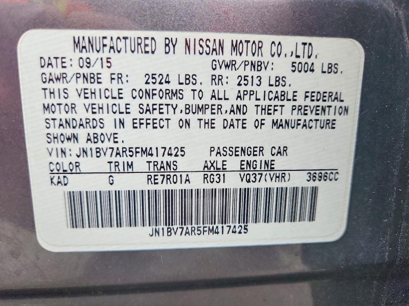 50271026 :رقم المزاد ، JN1BV7AR5FM417425 vin ، 2015 Infiniti Q50 مزاد بيع
