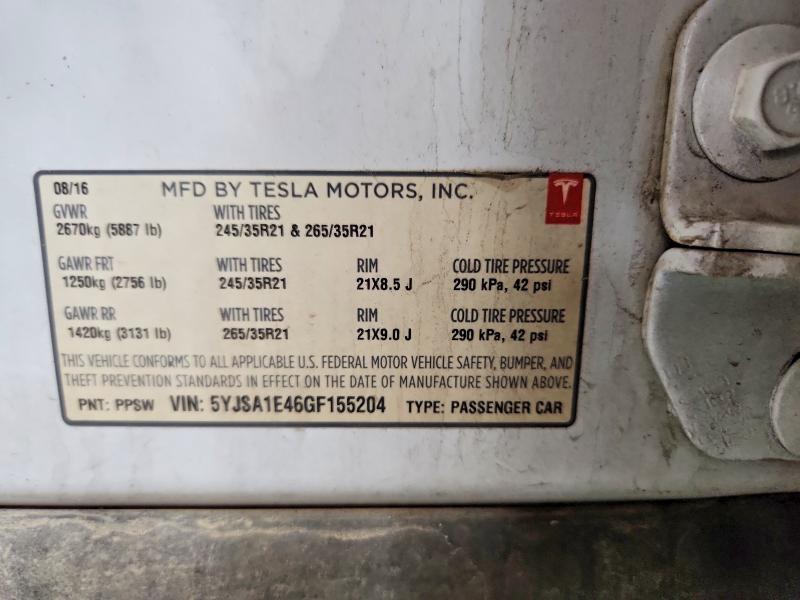 2016 Tesla Model S მანქანა იყიდება აუქციონზე, vin: 5YJSA1E46GF155204, აუქციონის ნომერი: 48756826