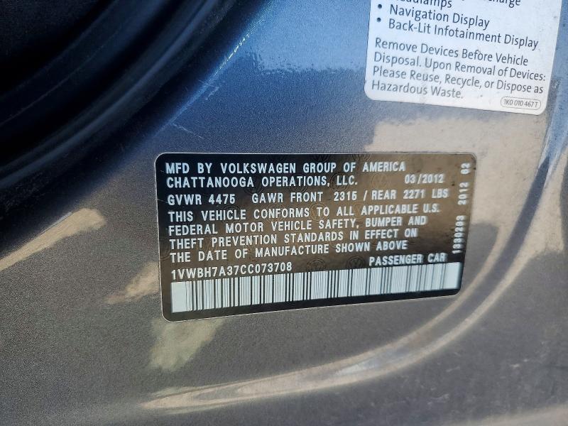 48691206 :رقم المزاد ، 1VWBH7A37CC073708 vin ، 2012 Volkswagen Passat مزاد بيع