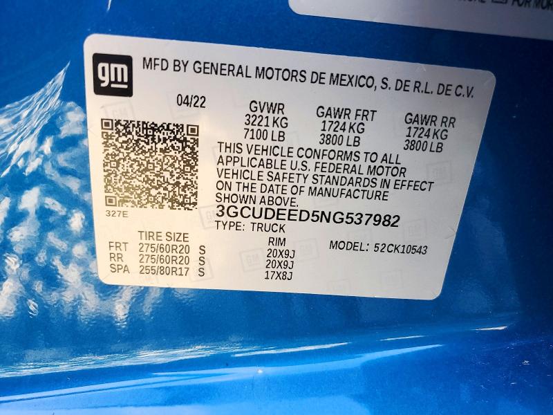2022 Chevrolet Silverado მანქანა იყიდება აუქციონზე, vin: 3GCUDEED5NG537982, აუქციონის ნომერი: 49944886