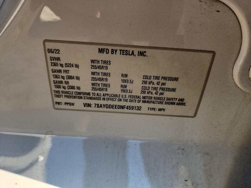 48444706 :رقم المزاد ، 7SAYGDEE0NF459132 vin ، 2022 Tesla Model Y مزاد بيع
