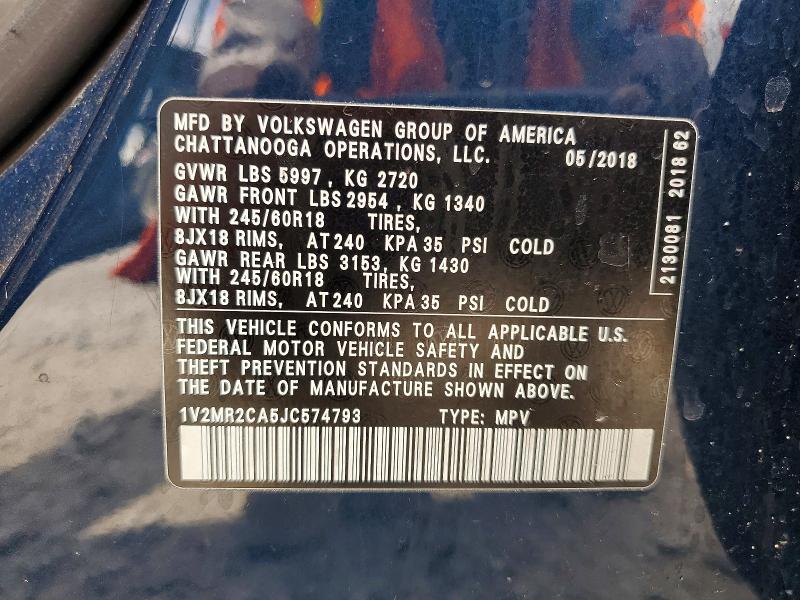 Продажа на аукционе авто 2018 Volkswagen Atlas, vin: 1V2MR2CA5JC574793, номер лота: 49872016