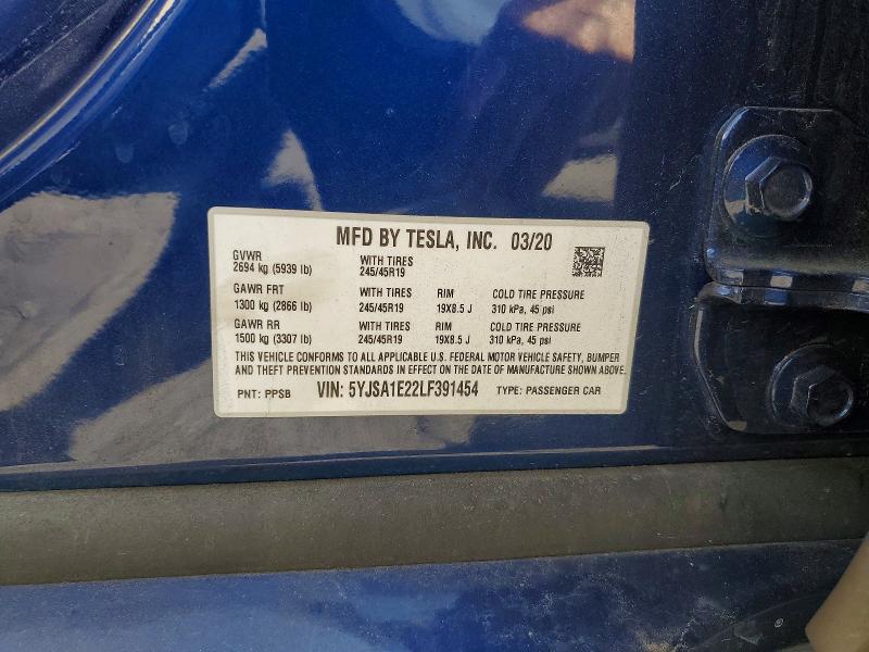 2020 Tesla Model S მანქანა იყიდება აუქციონზე, vin: 5YJSA1E22LF391454, აუქციონის ნომერი: 51459846