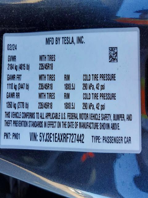 Aukcja sprzedaży 2024 Tesla Model 3, vin: 5YJ3E1EAXRF727442, numer aukcji: 49077246