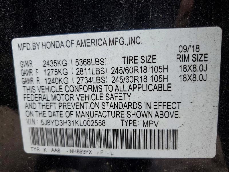 48571776 :رقم المزاد ، 5J8YD3H31KL002558 vin ، 2019 Acura Mdx مزاد بيع