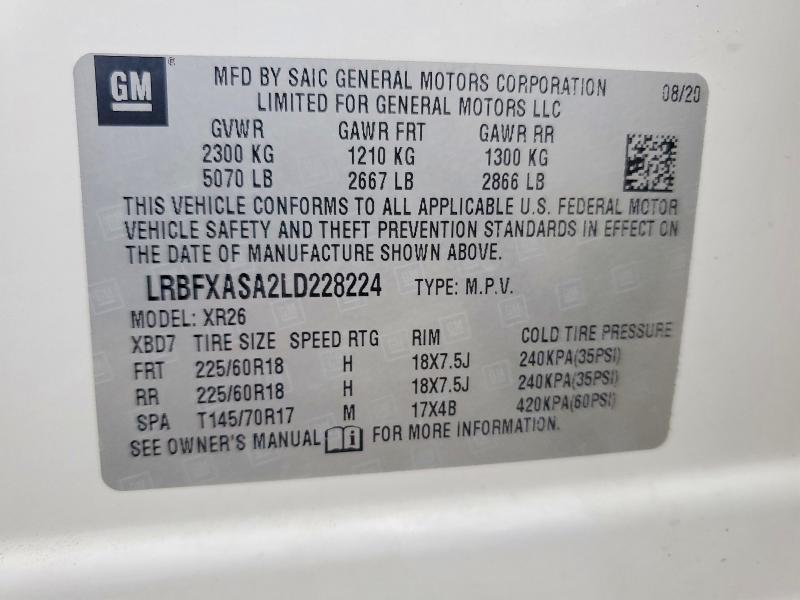 49836726 :رقم المزاد ، LRBFXASA2LD228224 vin ، 2020 Buick Envision مزاد بيع