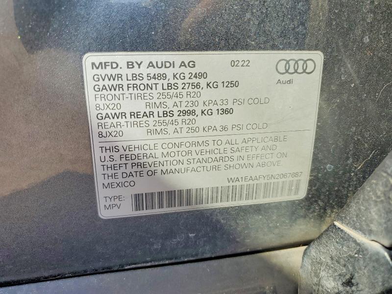 Aukcja sprzedaży 2022 Audi Q5, vin: WA1EAAFY5N2067687, numer aukcji: 51507396