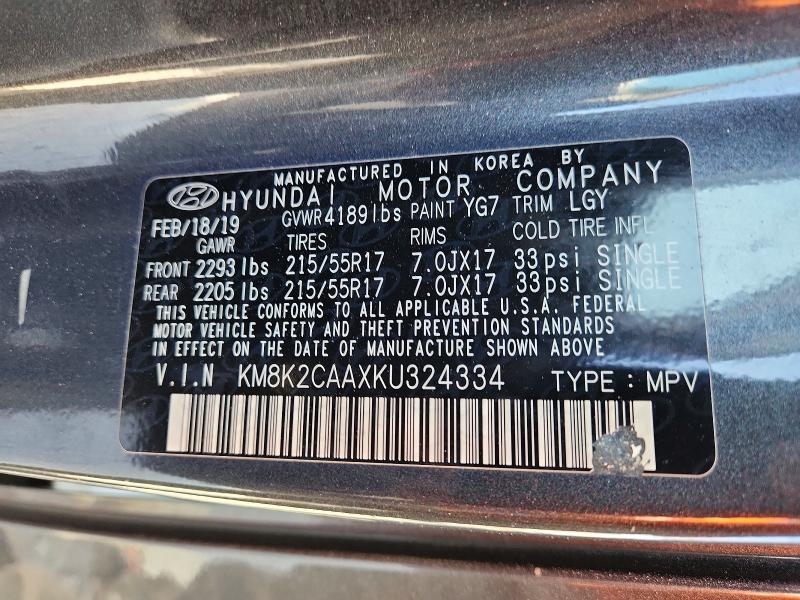 Продаж на аукціоні авто 2019 Hyundai Kona, vin: KM8K2CAAXKU324334, номер лоту: 48141946
