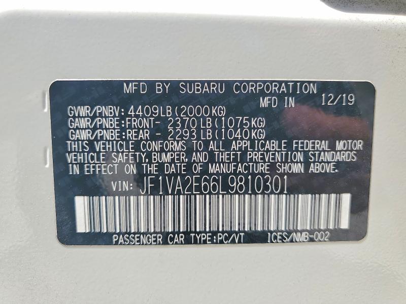 49596646 :رقم المزاد ، JF1VA2E66L9810301 vin ، 2020 Subaru Wrx مزاد بيع