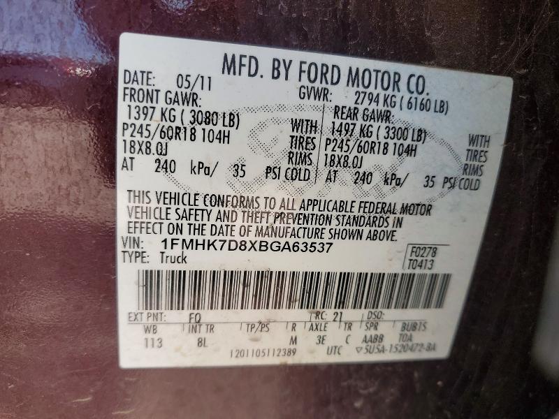 49079976 :رقم المزاد ، 1FMHK7D8XBGA63537 vin ، 2011 Ford Explorer مزاد بيع