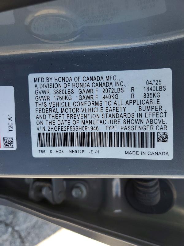 Aukcja sprzedaży 2025 Honda Civic, vin: 2HGFE2F56SH591946, numer aukcji: 51143626