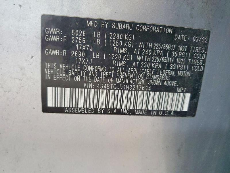 Продажа на аукционе авто 2022 Subaru Outback, vin: 4S4BTGUD1N3217614, номер лота: 49187166