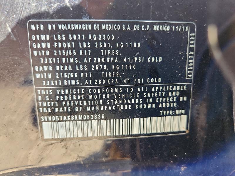 2019 Volkswagen Tiguan მანქანა იყიდება აუქციონზე, vin: 3VV0B7AX8KM053836, აუქციონის ნომერი: 49328436