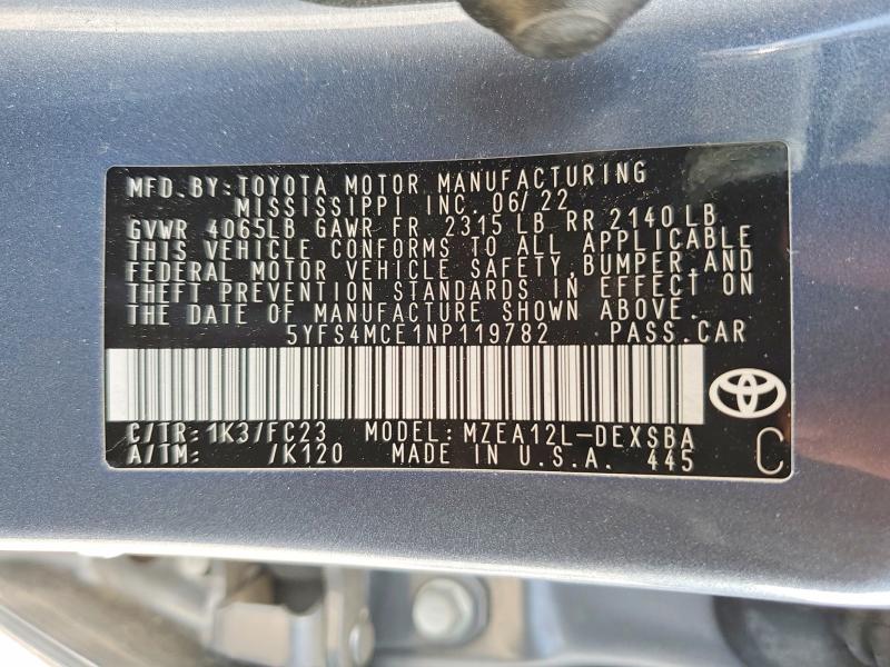 2022 Toyota Corolla მანქანა იყიდება აუქციონზე, vin: 5YFS4MCE1NP119782, აუქციონის ნომერი: 51354876