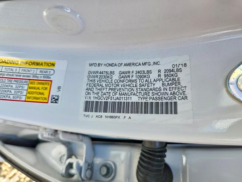 Aukcja sprzedaży 2018 Honda Accord, vin: 1HGCV2F51JA011311, numer aukcji: 51682456