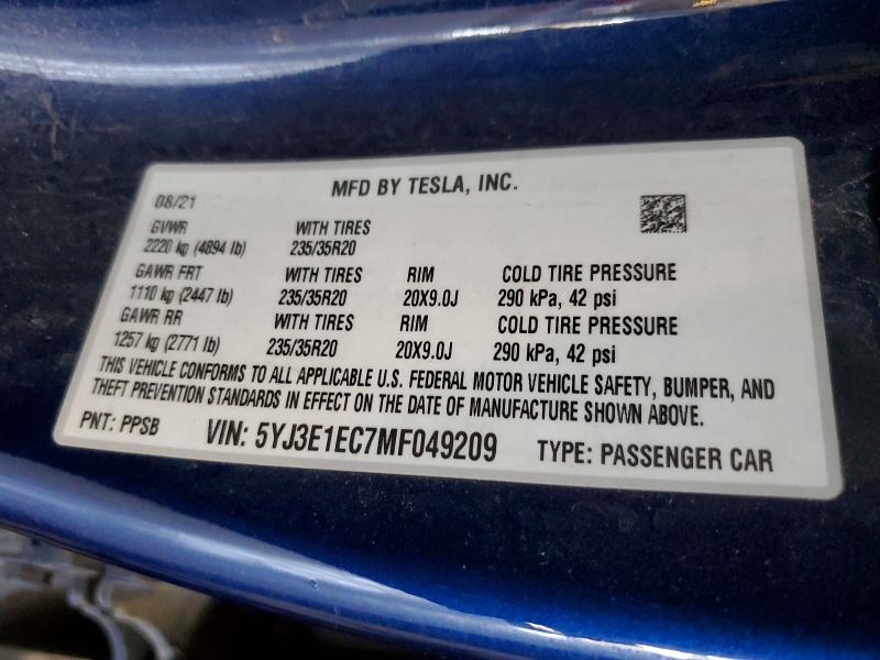 2021 Tesla Model 3 მანქანა იყიდება აუქციონზე, vin: 5YJ3E1EC7MF049209, აუქციონის ნომერი: 49891706