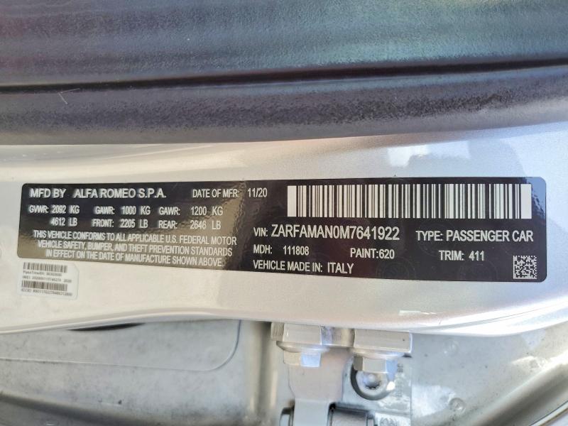 Продаж на аукціоні авто 2021 Alfa Romeo Giulia, vin: ZARFAMAN0M7641922, номер лоту: 48160546